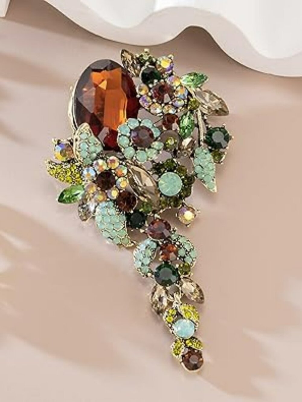 Large Long Floral Bunch Brooch Lapel Pin Browns and Green Rhinestones